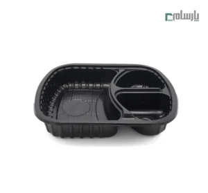 ظرف یکبار مصرف فانتزی سه خانه کد 603 آیاتای - مشکی-🍱 ظرف فانتزی سهخانه آیاتای مشکی | ظرف شیک برای غذای ترکیبی-زاویه دیگر